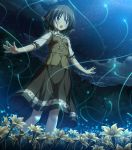  1girl amatsutsumi brown_hair clouds cloudy_sky dress fireflies flower forest green_eyes hair_ribbon highres koku minazuki_hotaru_(amatsutsumi) nature night night_sky open_mouth ribbon skirt sky solo standing star_(sky) starry_sky 