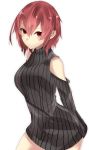  1girl :/ bare_shoulders black_dress blush breasts commentary_request cowboy_shot dress highres long_sleeves looking_at_viewer medium_breasts onineko-chan original red_eyes redhead ribbed_dress short_hair shoulder_cutout solo white_background 