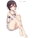  1girl barefoot black_hair dated garnet highres overalls red_eyes short_hair simple_background solo sports_bra 
