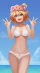  1girl :d bikini blonde_hair blue_sky breasts cleavage clouds double_v flower freyja_wion green_eyes hair_flower hair_ornament head_wreath heart_hair_ornament looking_at_viewer macross macross_delta nail_polish navel ocean open_mouth ousang red_nails short_hair sky smile solo swimsuit v white_bikini 