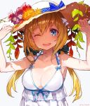  1girl ;d artist_name bare_shoulders blonde_hair blue_eyes breasts cleavage flower hat highres long_hair looking_at_viewer medium_breasts mika_pika_zo one_eye_closed open_mouth original smile solo straw_hat twintails 