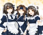  3girls :d alternate_costume antenna_hair apron black_hair blue_necktie blue_ribbon breasts brown_hair double_bun enmaided flying_sweatdrops frills hachimaki hair_intakes hair_ornament hair_ribbon half_updo hand_on_hip headband japanese_clothes jintsuu_(kantai_collection) kantai_collection kimono long_hair long_sleeves looking_at_viewer maid maid_headdress multiple_girls nagihashi_koko naka_(kantai_collection) necktie open_mouth puffy_long_sleeves puffy_short_sleeves puffy_sleeves ribbon sendai_(kantai_collection) short_sleeves small_breasts smile sparkle sparkle_background tray twitter_username two_side_up wa_maid waist_apron wide_sleeves wrist_cuffs yellow_eyes yukata 