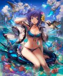  1girl :d armpits bikini bird blue_eyes blush breasts building character_request cleavage clouds collarbone copyright_name crystal earrings fish flower grin hair_flower hair_ornament hand_in_hair head_tilt highres jacket_on_shoulders jewelry lee_hyeseung looking_at_viewer moon navel open_mouth outdoors purple_hair shingeki_no_bahamut side_ponytail sitting sky smile solo swimsuit water 