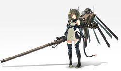  1girl absurdres blush commentary_request elbow_gloves gloves gun highres looking_at_viewer mecha_musume military miniskirt oota_youjo original personification pigeon-toed shadow short_hair skirt solo tabard tail thigh-highs twintails weapon 