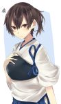  &gt;:/ 1girl black_hair blue_skirt blush brown_eyes commentary_request hakama_skirt hand_on_own_chest highres hip_vent japanese_clothes kaga_(kantai_collection) kantai_collection looking_at_viewer muneate onineko-chan short_hair side_ponytail skirt solo squiggle tasuki upper_body 