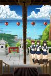  3girls :d bangs bell black_hair black_legwear blouse blue_skirt blue_sky blush box braid brown_eyes brown_hair clouds donation_box expressionless fubuki_(kantai_collection) girl_sandwich harbor hatsuyuki_(kantai_collection) highres holding_arm holding_hands horizon ichikawa_feesu jingle_bell kantai_collection kneehighs landscape lantern long_hair looking_to_the_side low_twintails matching_outfit multiple_girls ocean open_mouth paper_lantern pleated_skirt pov power_lines railing rope sandwiched scenery school_uniform serafuku shirayuki_(kantai_collection) shoes short_ponytail short_twintails shrine side-by-side sidelocks skirt sky smile sneakers stone_lantern sunlight twintails white_blouse 