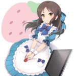  1girl blush bow brown_eyes brown_hair dress food fruit hair_bow idolmaster idolmaster_cinderella_girls long_hair onion_(lemlaml) solo strawberry tablet_pc tachibana_arisu 