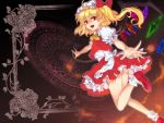  1girl analog_(analoglog) ascot blonde_hair crystal dutch_angle fang flandre_scarlet hat highres looking_at_viewer mob_cap open_mouth outstretched_arms puffy_sleeves red_eyes shirt short_sleeves side_ponytail skirt skirt_set smile socks solo touhou vest white_legwear wings 