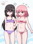  +++ 2girls :3 akemi_homura alternate_hairstyle arm_holding ball beachball bikini black_hair blush commentary_request flying_sweatdrops hair_down hairband hayashiya_zankurou kaname_madoka kyubey long_hair mahou_shoujo_madoka_magica multiple_girls navel open_mouth pink_eyes pink_hair red_eyes smile swimsuit violet_eyes 