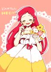  1girl artist_request birthday blush dress earrings flower harukaze_doremi highres jewelry long_hair ojamajo_doremi open_mouth redhead smile solo text 