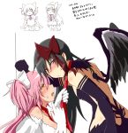  2girls akemi_homura akuma_homura bare_shoulders black_gloves black_hair black_wings blush bow breasts dress elbow_gloves feathered_wings gloves goddess_madoka hair_bow highres kaname_madoka large_breasts long_hair looking_at_viewer mahou_shoujo_madoka_magica mahou_shoujo_madoka_magica_movie multiple_girls necktie oman_(evld) open_mouth pink_hair red_necktie smile spoilers two_side_up violet_eyes white_dress white_gloves wife_and_wife wings yellow_eyes 