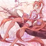  1girl absurdly_long_hair bad_id boots cherry cherry_blossoms detached_sleeves food fruit hatsune_miku headphones highres in_tree long_hair long_legs looking_at_viewer necktie pink_hair sakura_miku sitting sitting_in_tree skirt solo tattoo thigh-highs thigh_boots tree twintails very_long_hair vocaloid yellow_eyes 