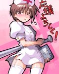  1boy baseball_bat blush brown_eyes crossdressinging embarrassed garter_straps hat higurashi_no_naku_koro_ni kurogarasu looking_at_viewer lowres maebara_keiichi male_focus nurse nurse_cap short_hair solo thigh-highs translation_request weapon 