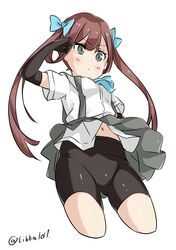  1girl arm_up arm_warmers asagumo_(kantai_collection) ascot black_eyes blue_bow bow breasts brown_hair collared_shirt cowboy_shot cropped_legs ebifurya grey_skirt hair_bow hand_on_own_head highres kantai_collection long_hair looking_at_viewer navel pleated_skirt shirt short_sleeves shorts_under_skirt simple_background skirt small_breasts solo suspender_skirt suspenders twintails twitter_username upskirt white_background white_shirt 