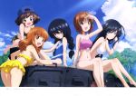  5girls :d absurdres ahoge akiyama_yukari alternate_hairstyle bangs bikini black_eyes black_hair blue_eyes blue_hair blue_swimsuit blunt_bangs braid breasts brown_eyes brown_hair casual_one-piece_swimsuit cleavage clouds covered_navel female flat_chest frilled_bikini frills girls_und_panzer green_bikini hair_tousle hairband highres isuzu_hana long_hair messy_hair multiple_girls navel nishizumi_miho official_art one-piece_swimsuit open_mouth orange_eyes orange_hair pink_bikini reizei_mako scan short_hair sitting sky small_breasts smile sugimoto_isao swimsuit takebe_saori twin_braids white_bikini white_swimsuit yellow_bikini 