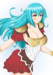  1girl :d armor blue_hair blush breasts cleavage gladiator gold_armor keikyu_(tiltedcube) large_breasts long_hair looking_at_viewer miniskirt open_mouth orange_eyes original pauldrons red_skirt skirt smile solo 