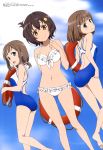  3girls absurdres ass bikini breasts brown_hair cleavage high_school_fleet highres irako_mikan kinesaki_akane kinesaki_homare lifebuoy multiple_girls official_art oka_yuuichi one-piece_swimsuit school_swimsuit short_hair siblings sisters sky swimsuit twins 