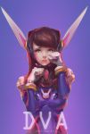  1girl absurdres artist_name bangs bodysuit bracer breasts brown_eyes brown_hair bunny_print character_name clenched_hands d.va_(overwatch) dated facepaint facial_mark gloves hands_up headphones highres lips long_hair looking_at_viewer luckiiy medium_breasts overwatch parted_lips pauldrons pilot_suit pink_lips ribbed_bodysuit shoulder_pads solo tearing_up turtleneck upper_body whisker_markings white_gloves 