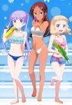  3girls absurdres ahagon_umiko bikini bikini_top breasts cleavage gun highres multiple_girls new_game! official_art sakura_nene suzukaze_aoba swimsuit thigh_gap weapon 