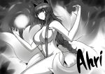  1girl ahri animal_ears braid breasts character_name cleavage cowboy_shot darabuchi facial_mark fox_ears fox_girl fox_tail greyscale groin large_breasts league_of_legends long_hair looking_away monochrome multiple_tails sideboob single_braid sling_bikini solo swimsuit tail 