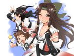  3girls ;) ;d black_gloves black_hair breasts brown_eyes brown_hair cleavage collarbone double_bun fingerless_gloves flying_sweatdrops gloves grin headband jintsuu_(kantai_collection) kantai_collection long_hair looking_at_viewer multiple_girls naka_(kantai_collection) one_eye_closed open_mouth r44 remodel_(kantai_collection) scarf school_uniform sendai_(kantai_collection) serafuku smile teeth twintails white_gloves 