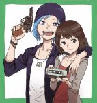  2girls absurdres arm_around_shoulder blue_eyes blue_hair bracelet brown_eyes brown_hair chloe_price cigarette collarbone commentary eyebrows eyebrows_visible_through_hair gun handgun head_scarf highres hood hoodie jewelry life_is_strange max_caulfield multiple_girls necklace open_mouth revolver smile weapon yamamoto_souichirou 