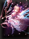  1girl absurdres arrow bow_(weapon) dress goddess_madoka highres magical_girl mahou_shoujo_madoka_magica pink_hair red_flowers smile solo space spoilers two_side_up weapon white_dress white_wings wings yellow_eyes 