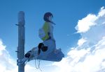  1girl backpack bag black_eyes black_hair blue_shorts clouds hand_on_own_knee highres lamppost long_hair map minamito original outdoors shirt shoes shorts sitting sky sleeveless sleeveless_shirt sneakers solo wind yellow_shirt 