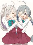  2girls ahoge asashimo_(kantai_collection) cheek_pinching closed_eyes coupon_(skyth) cowboy_shot grey_eyes grey_hair grin kantai_collection kiyoshimo_(kantai_collection) long_hair long_sleeves looking_at_viewer multiple_girls one_eye_closed open_mouth pantyhose pinching pleated_skirt ponytail school_uniform simple_background skirt smile standing teeth very_long_hair 