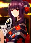  1girl alternate_costume fan fate/grand_order fate_(series) flower hair_flower hair_ornament highres japanese_clothes kimono looking_at_viewer millefoglie purple_hair red_eyes scathach_(fate/grand_order) smile solo 