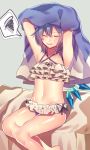  1girl alternate_costume armpits arms_up bed bed_sheet bikini bikini_under_clothes blue_bikini blue_dress blue_hair cirno closed_eyes dress fairy frilled_bikini frills hair_between_eyes highres ice ice_wings midriff open_mouth renka_(sutegoma25) shiny shiny_skin short_hair sitting solo swimsuit touhou undressing wings 