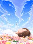  1girl blush brown_hair closed_eyes clouds field flower flower_field from_side hair_ornament hairclip lying minamito on_back original petals profile short_sleeves sky solo 