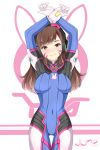  1girl absurdres arms_up bangs blush bodysuit breasts brown_eyes brown_hair covered_navel cowboy_shot crossed_arms d.va_(overwatch) emblem eyelashes facial_mark gloves head_tilt headphones highres june long_hair looking_at_viewer medium_breasts overwatch pilot_suit shiroi_to_aoi_panties simple_background smile solo swept_bangs thigh_gap whisker_markings white_background white_gloves 