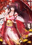  1girl alternate_costume autumn_leaves bare_shoulders breasts brown_hair cleavage cloudy.r flower hair_in_mouth hair_ornament hair_stick highres japanese_clothes kantai_collection kimono long_hair looking_at_viewer off_shoulder oriental_umbrella ponytail red_eyes solo umbrella very_long_hair yamato_(kantai_collection) 