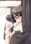  1girl ass bikini black_hair brown_eyes female glasses mirror nekobaka original reflection short_hair solo swimsuit 