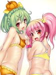  2girls :d bikini blush bow braid crown_braid flower_knight_girl food_themed_hair_ornament green_hair hair_bow hair_ornament lantana_(flower_knight_girl) long_hair looking_at_viewer multiple_girls open_mouth orange_bikini pepo_(flower_knight_girl) pink_bow pink_hair ponytail pumpkin_hair_ornament red_eyes sasayuki short_hair smile swimsuit upper_body wrist_cuffs yellow_bikini yellow_bow 