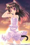  1girl animal_ears arm_up bare_shoulders black_hair cat_ears cat_tail dress hand_in_hair long_hair looking_at_viewer original solo sumikaze tail violet_eyes white_dress 