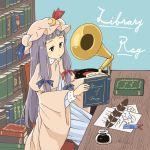  1girl blue_dress blush book bookshelf capelet chair chii-kun_(seedyoulater) desk dress english hair_ribbon hat indoors ink_bottle mob_cap moon_print open_book paper patchouli_knowledge phonograph pink_coat purple_hair quill record ribbon sidelocks sitting smile solo star_print sun_print touhou tress_ribbon violet_eyes 