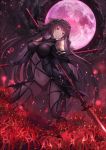  1girl armor bodysuit breasts cloudy.r covered_navel dual_wielding fate/grand_order fate_(series) flower full_moon gae_bolg highres holding holding_weapon long_hair moon purple_hair scathach_(fate/grand_order) shoulder_armor solo veil violet_eyes weapon 