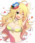  1girl ;d arm_behind_head blonde_hair bra breasts cleavage flower green_eyes hair_flower hair_ornament hoshii_miki idolmaster long_hair looking_at_viewer one_eye_closed open_mouth oro_(sumakaita) petals simple_background smile solo underwear white_background yellow_bra 