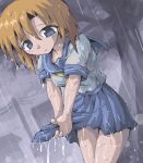  1girl bangs blue_eyes higurashi_no_naku_koro_ni kurogarasu lowres orange_hair rain ryuuguu_rena school_uniform solo tree wet wet_clothes 