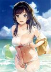  1girl :d absurdres ball bare_shoulders beach beachball bikini bikini_pull black_hair breasts brown_eyes cleavage cowboy_shot cropped highres large_breasts long_hair looking_at_viewer navel open_mouth outdoors scan smile solo souji_hougu swimsuit undressing wading white_bikini 