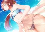  1girl bare_arms bare_shoulders bikini blue_eyes blush collarbone diagonal_stripes flat_chest floating_hair hair_ribbon holding kantai_collection kazagumo_(kantai_collection) long_hair navel polka_dot ponytail redhead ribbon sarong see-through solo standing stomach strapless strapless_bikini striped striped_bikini swimsuit thighs tobi-mura wind yellow_ribbon 