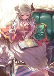  1girl absurdres alicia_(granblue_fantasy) barefoot blush book breasts ceda_(dace) cleavage couch cup doraf dress earrings flower from_above gloves granblue_fantasy highres horns jewelry large_breasts long_hair looking_down pillow pointy_ears red_eyes silver_hair sitting smile solo tea teacup teapot white_gloves 