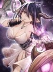  1girl ahoge aura bandaged_arm bandages bare_shoulders black_gloves breasts cleavage constricted_pupils danua doraf dress finger_to_mouth fingerless_gloves gloves granblue_fantasy hair_between_eyes highres horn_ornament horns jewelry large_breasts long_hair looking_at_viewer mephist-pheles pointy_ears purple_hair red_eyes sideboob white_dress 