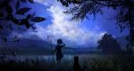  00 1girl blurry braid butterfly_net clouds dark dog dress firefly from_behind grass hand_net hand_on_own_head highres hill jpeg_artifacts lake looking_afar night night_sky original scenery silhouette sky solo star_(sky) tree twin_braids water 