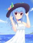  1girl absurdres alternate_costume blue_hair blurry clouds cloudy_sky depth_of_field dress food fruit hat highres hinanawi_tenshi holding holding_hat light_smile long_hair looking_at_viewer ocean peach red_eyes sketch sky sundress touhou white_dress 