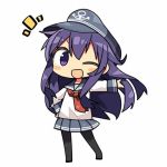  1girl akatsuki_(kantai_collection) anchor_symbol black_legwear blue_skirt chibi commentary_request flat_cap hat kanikama kantai_collection long_hair long_sleeves looking_at_viewer lowres necktie open_mouth pantyhose pleated_skirt purple_hair red_necktie school_uniform serafuku skirt solo violet_eyes wavy_hair 