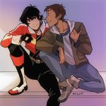  2boys artist_name black_hair blush boots brown_hair dark_skin dark_skinned_male fingerless_gloves gloves grin hood hoodie hyakujuu-ou_golion jacket keith_(voltron) knee_boots lance_(voltron) looking_at_another male_focus miyuli mullet multiple_boys open_clothes open_jacket sitting smile voltron:_legendary_defender 
