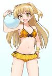  1girl alternate_costume bare_shoulders bikini blonde_hair breasts commentary_request fang frilled_bikini frills front-tie_top happy_birthday highres idolmaster idolmaster_cinderella_girls jougasaki_rika kogal long_hair looking_at_viewer navel shunichi simple_background small_breasts solo swimsuit white_background wristband yellow_eyes 